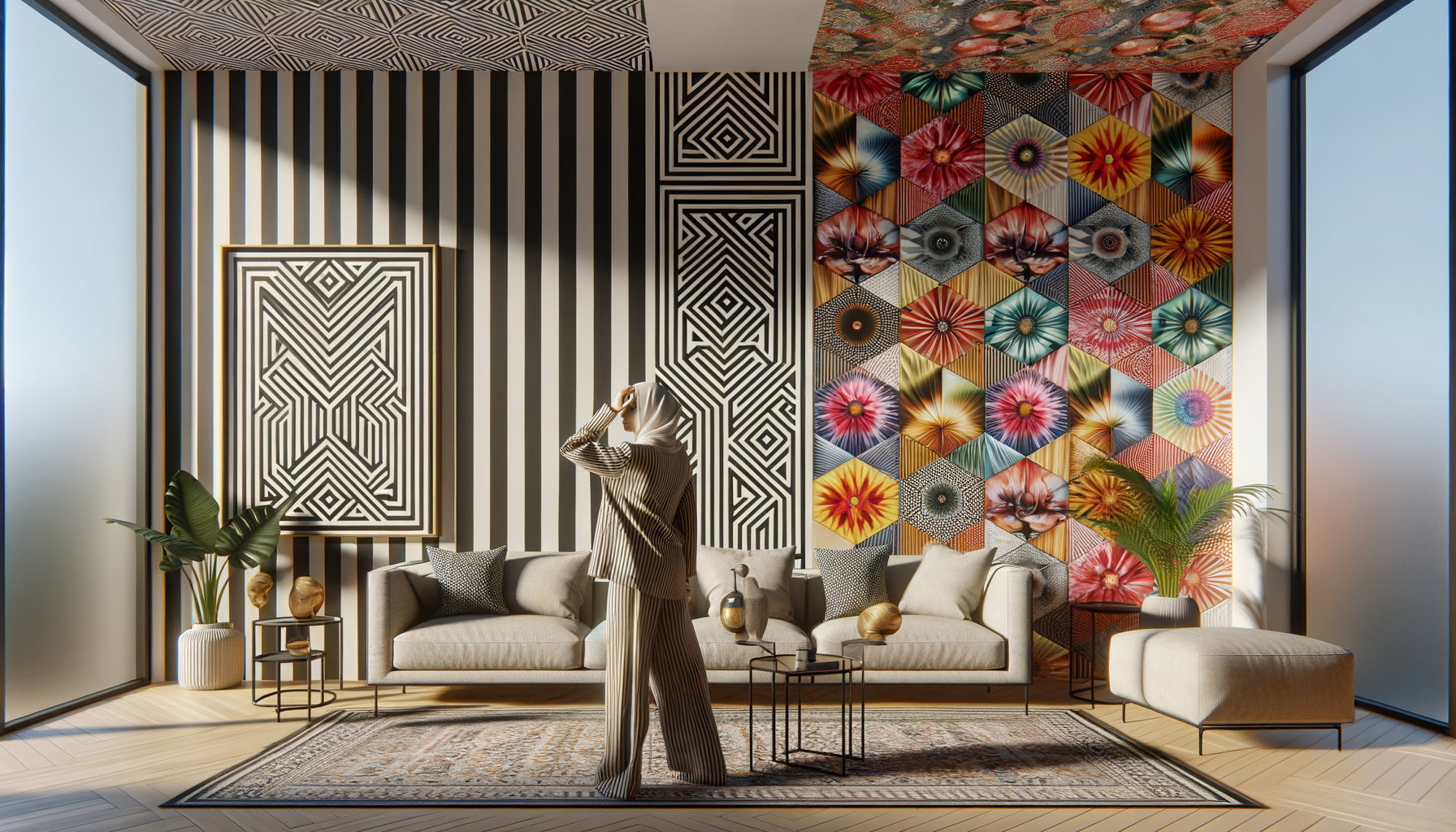 Intérieur contemporain montrant différents motifs décoratifs complexes créant confusion spatiale et perceptuelle