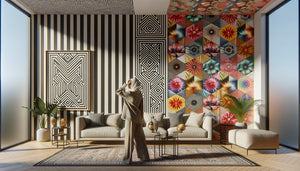 Intérieur contemporain montrant différents motifs décoratifs complexes créant confusion spatiale et perceptuelle