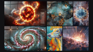 Mosaïque de six tableaux, dont Fureur Solaire, Échos des Étoiles et Galaxie abstraite