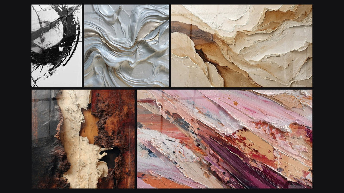 Mozaïek van vijf schilderijen, waaronder De Breuk van de Tijd en Abstract Beige en Aardekleur