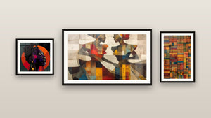 Galerijwand met drie ingelijste schilderijen, waaronder Dansers Gemeenschapsvreugde en Met Afrikaanse geometrische patronen