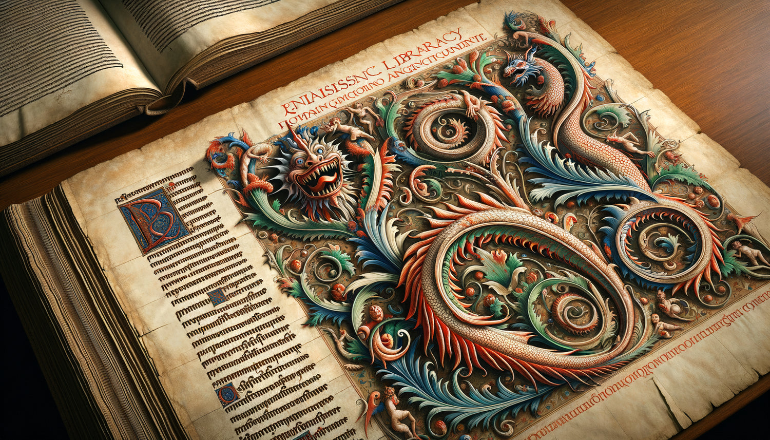 Page de manuscrit Renaissance avec bordures ornementales de grotesques italiens, créatures fantastiques et rinceaux à l'or, style enluminure 16e siècle