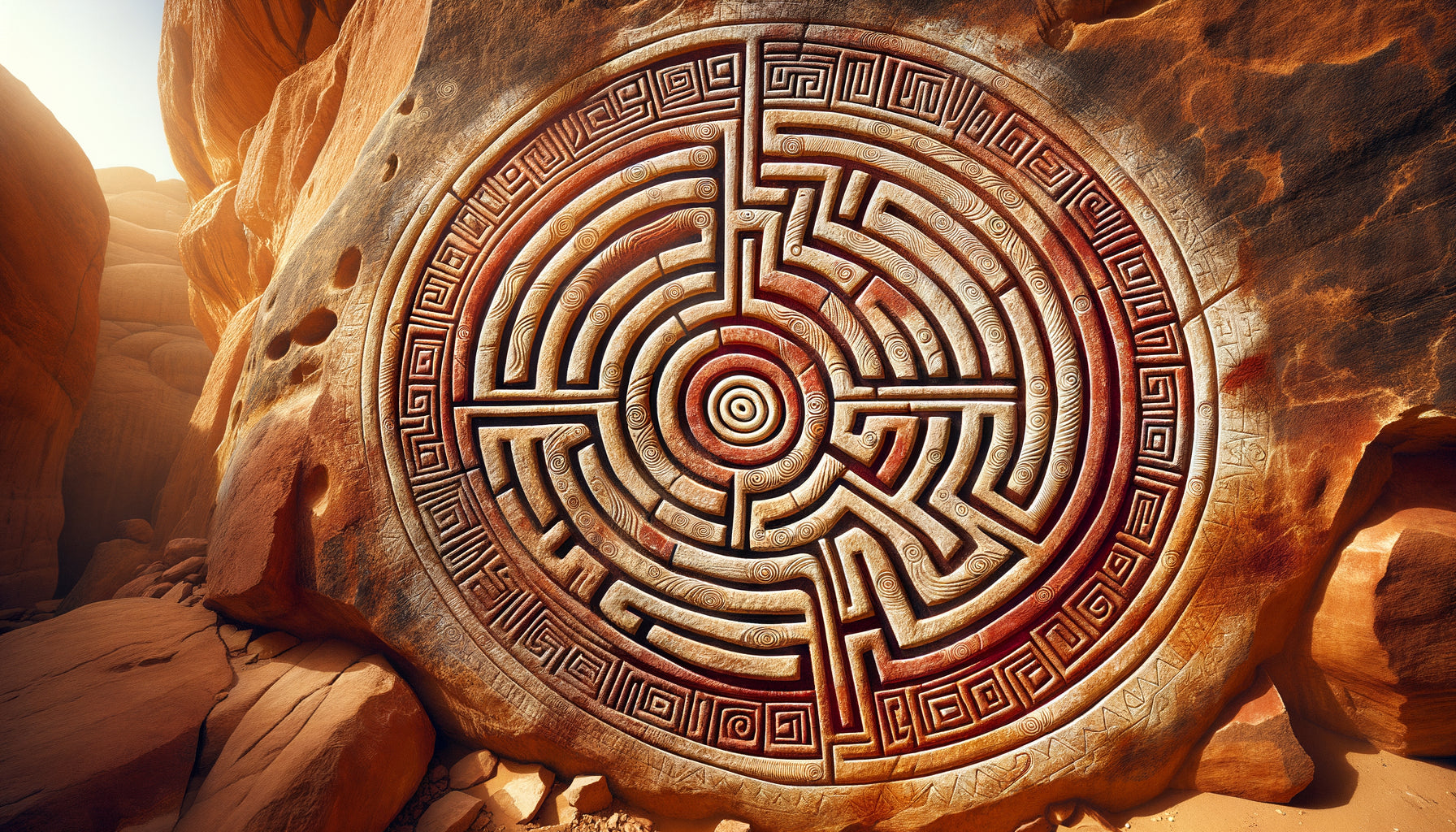 Art rupestre millénaire du Sahara occidental montrant des motifs labyrinthiques traditionnels gravés sur paroi rocheuse ocre