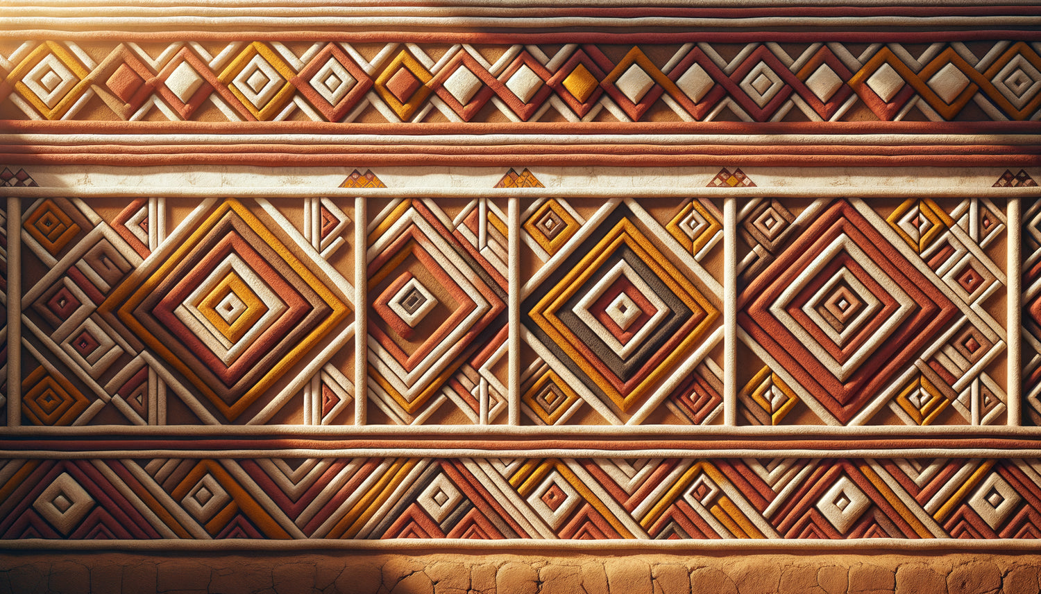 Mur sénégalais traditionnel orné de motifs losanges géométriques inspirés des traditions ancestrales du tissage africain