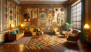 Fresque murale afro-caribéenne années 1920 Harlem fusionnant motifs africains ancestraux et modernisme Art Deco urbain