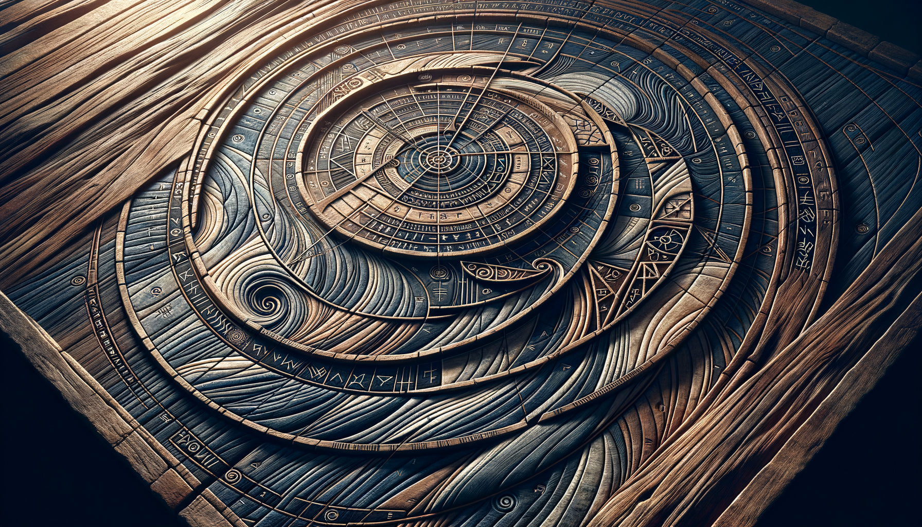 Motifs de navigation viking médiévaux gravés sur bois ancien, abstraction maritime géométrique scandinave, symboles nordiques stylisés