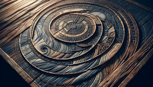 Motifs de navigation viking médiévaux gravés sur bois ancien, abstraction maritime géométrique scandinave, symboles nordiques stylisés