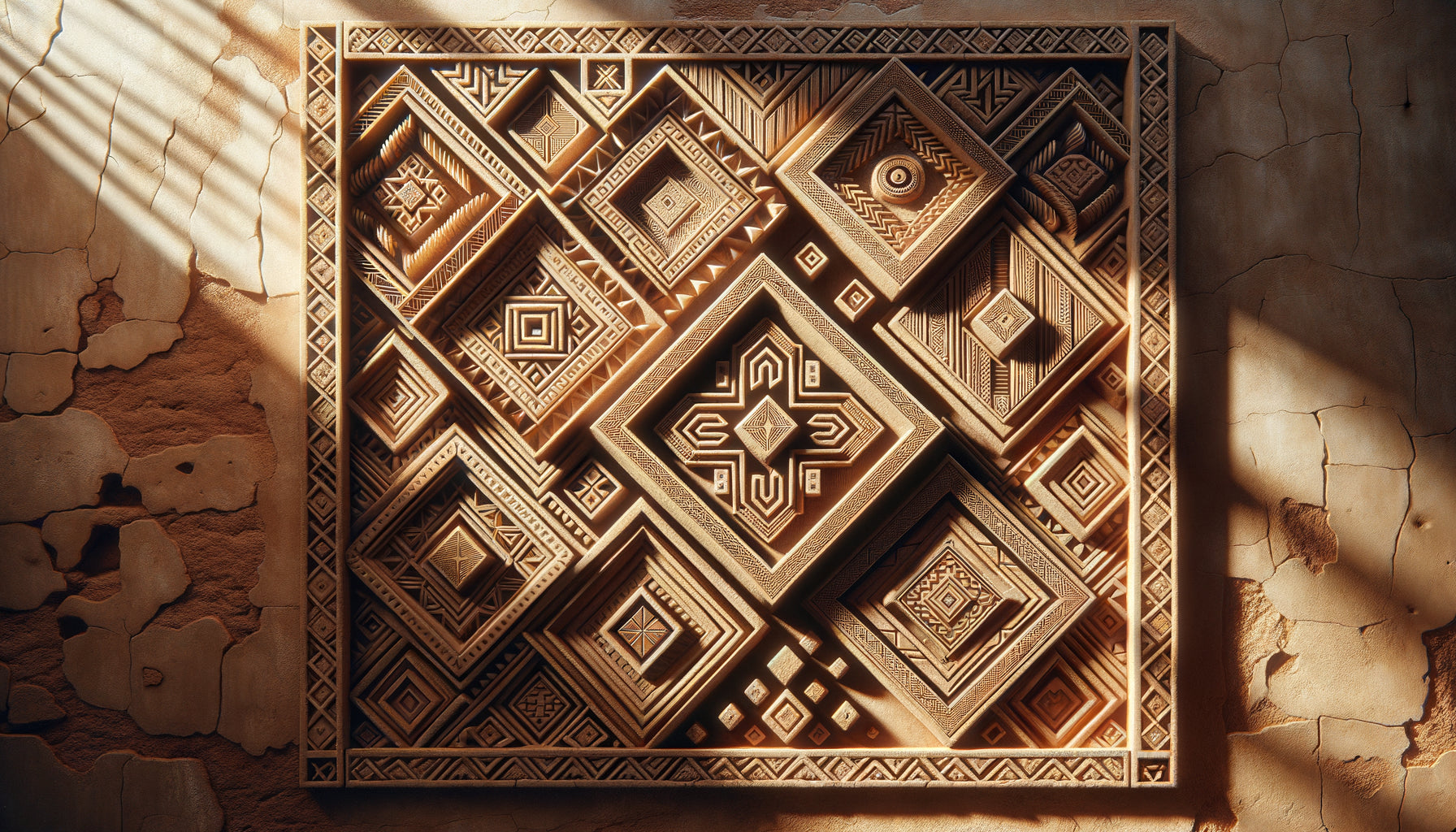 Motifs géométriques zenata berbères gravés dans l'argile ocre d'un ksar du Gourara algérien, patrimoine architectural saharien