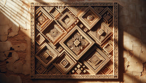 Motifs géométriques zenata berbères gravés dans l'argile ocre d'un ksar du Gourara algérien, patrimoine architectural saharien