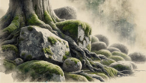 Peinture japonaise traditionnelle sumi-e représentant de la mousse sur pierres anciennes, esthétique wabi-sabi, encre sur papier de riz