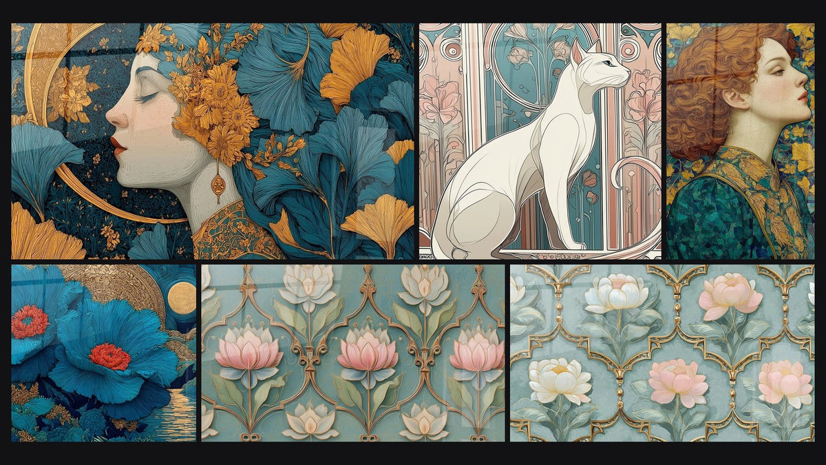 Mosaic of six paintings, including Woman Golden Meditation, Blue Flowers Aquatic Dance and Lotus Wall Art Art Deco