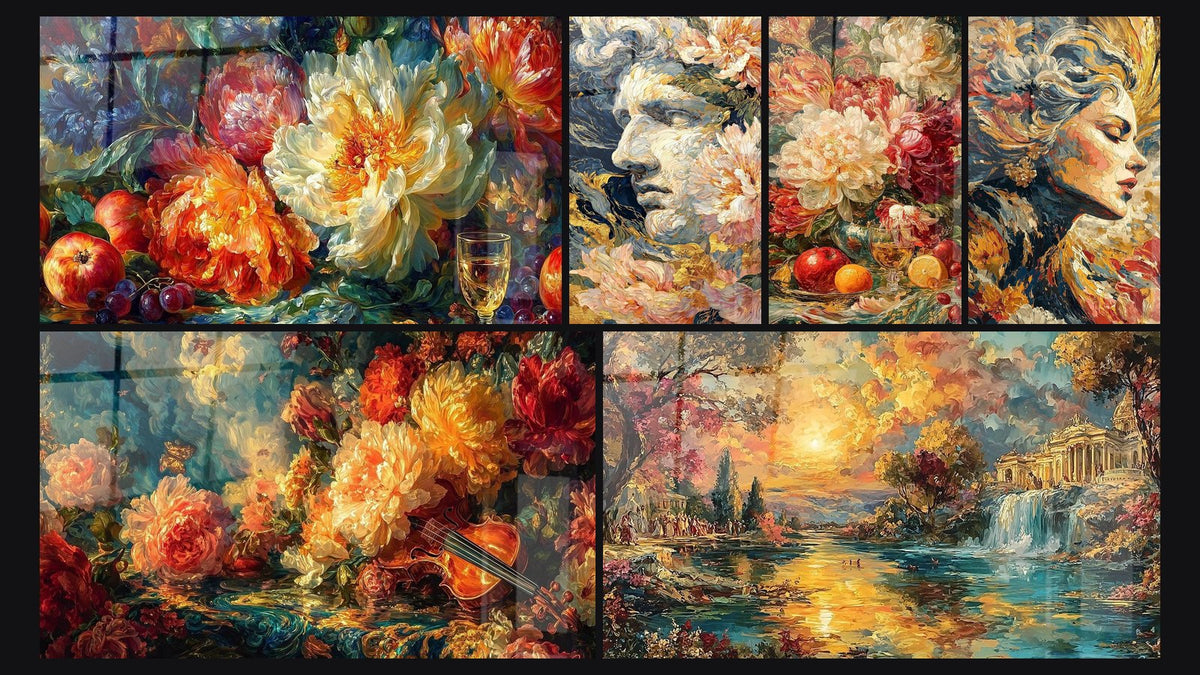 Mosaico de seis cuadros, entre ellos Naturaleza Muerta Delicia Pictórica y Estatua Alma Floral