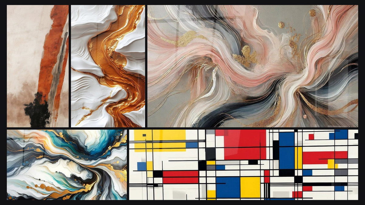 Mosaico de cinco cuadros, entre ellos Abstracto de Corrientes Coloridas, Composición geométrica y Flujos de Seda