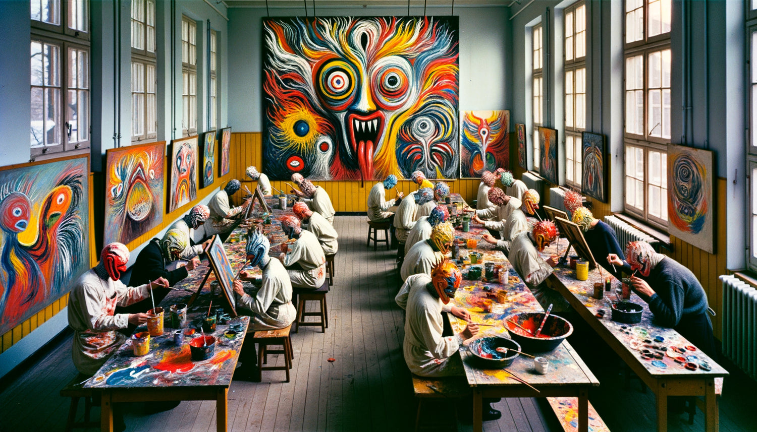 Peinture expressionniste spontanée style mouvement Cobra avec couleurs vives et formes primitives, contexte institution psychiatrique danoise années 1950