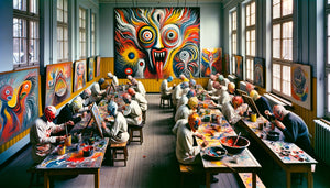 Peinture expressionniste spontanée style mouvement Cobra avec couleurs vives et formes primitives, contexte institution psychiatrique danoise années 1950