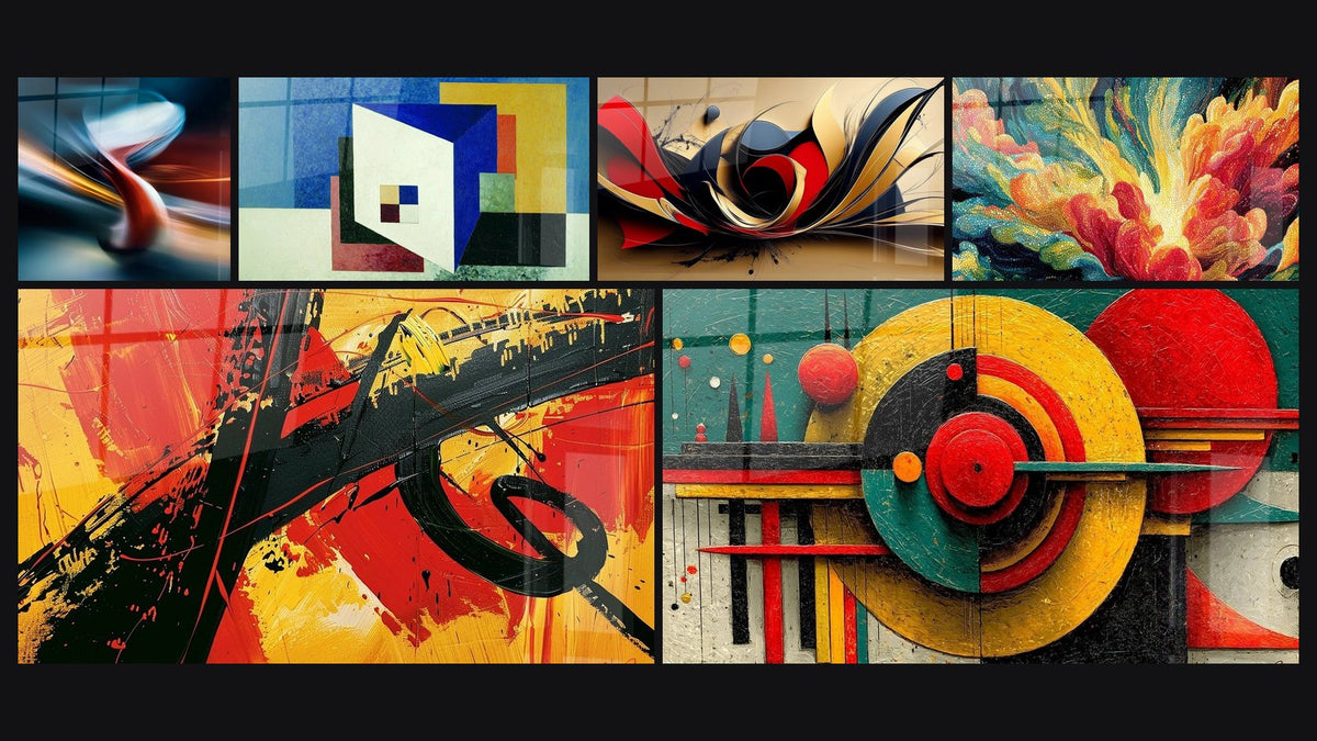 Mosaïque de six tableaux, dont Chaise moderne, Abstraction colorée Mouvement Progressiste et Abstrait expressionniste