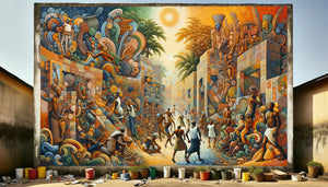 Fresque murale dans le style du mouvement artistique d'Oshogbo des années 60, fusion de mythologie yoruba et scènes quotidiennes nigérianes aux couleurs vibrantes