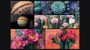 Mosaïque de six tableaux, dont Œil de Jupiter, Jupiter N°1 et Cactus et Fleurs Roses sur Fond Turquoise