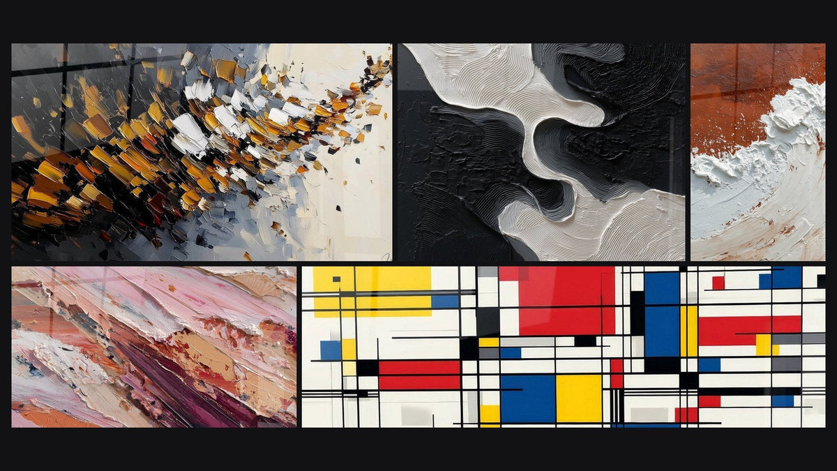 Mosaic of five paintings, including Dynamic explosion and Geometric Composition