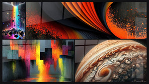 Mosaïque de quatre tableaux, dont Cascade de Lumière, Œil de Jupiter et Vague de plis orange et anthracite