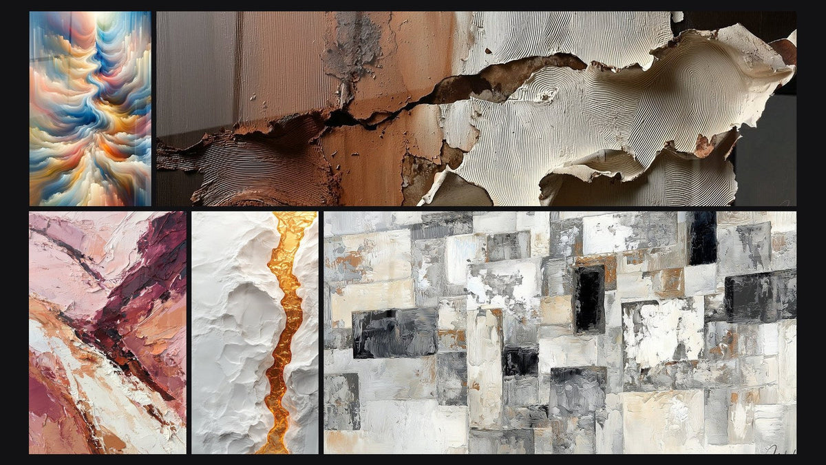 Mosaic of five paintings, including Resonance of Celestial Hues and Abstract Mosaic Wall Art Grey and Beige