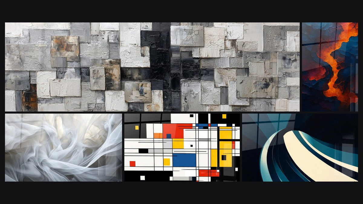 Mosaico di cinque quadri, tra cui Sangue della Terra, Veli di Luce e Composizione geometrica colorata di