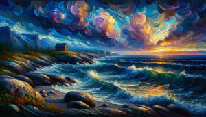 Peinture expressionniste style Edvard Munch, paysage côtier norvégien aux couleurs nordiques intenses et émotionnelles, technique huile années 1890