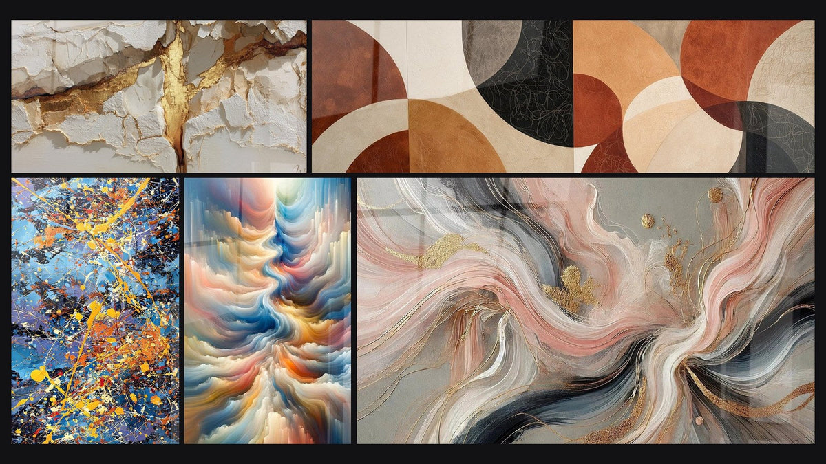 Mosaic of five paintings, including Colorful explosion, Resonance of Celestial Hues and Silk Flows