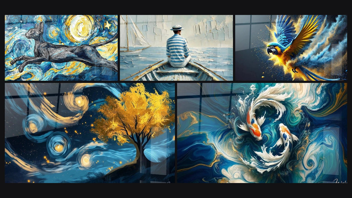 Mosaïque de cinq tableaux, dont Chat Oriental Shorthair Nuit Étoilée, L’Art de l’Eau et Ailes de Saphir