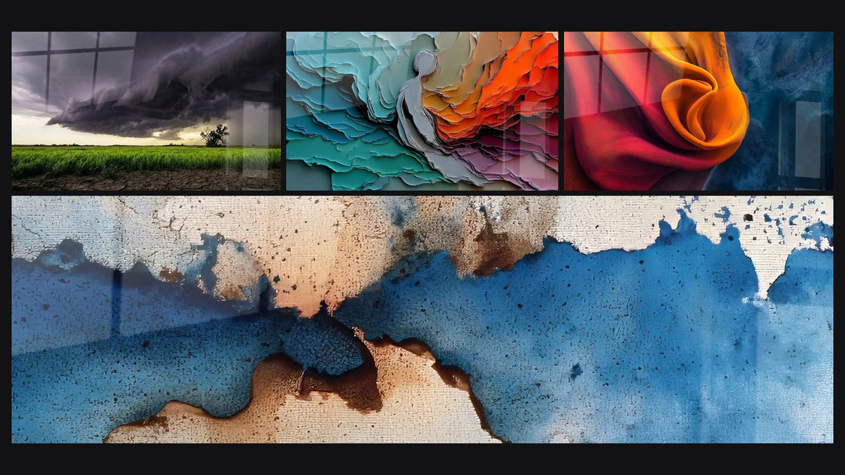 Mosaïque de quatre tableaux, dont Orage Dramatique, Couches géologiques colorées et Tissu fluide orange et bleu