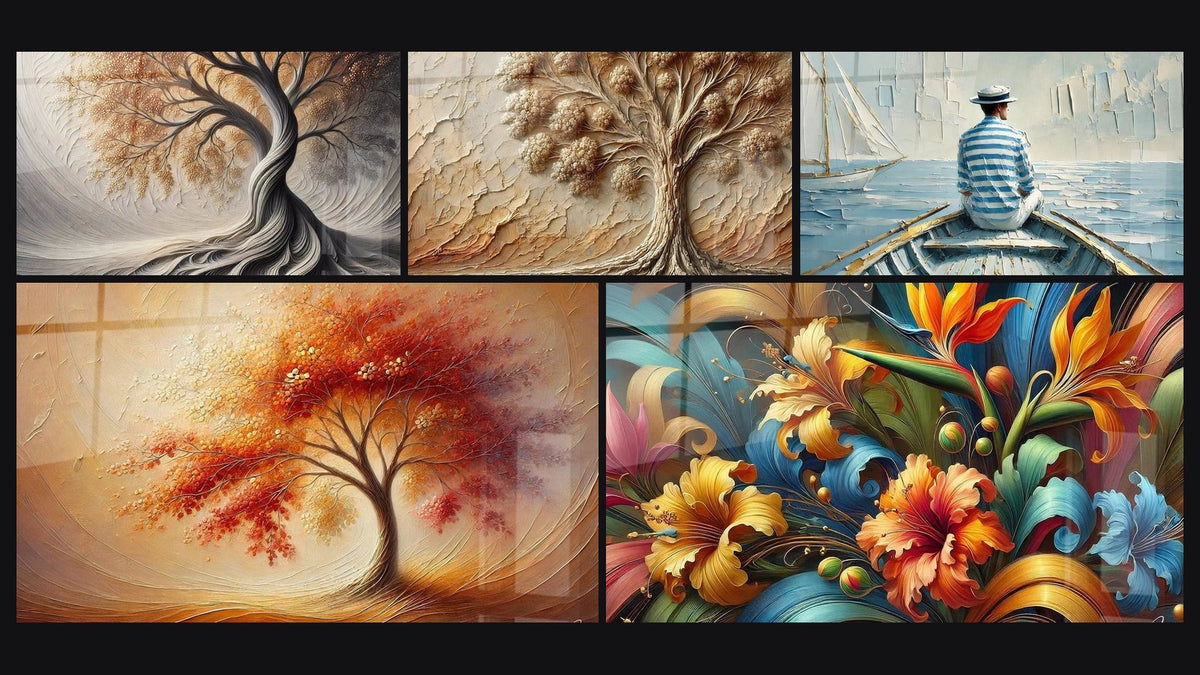 Mosaic of five paintings, including Breath of Earth, Tree of Life Zen Dance of Seasons and Ancient Tree