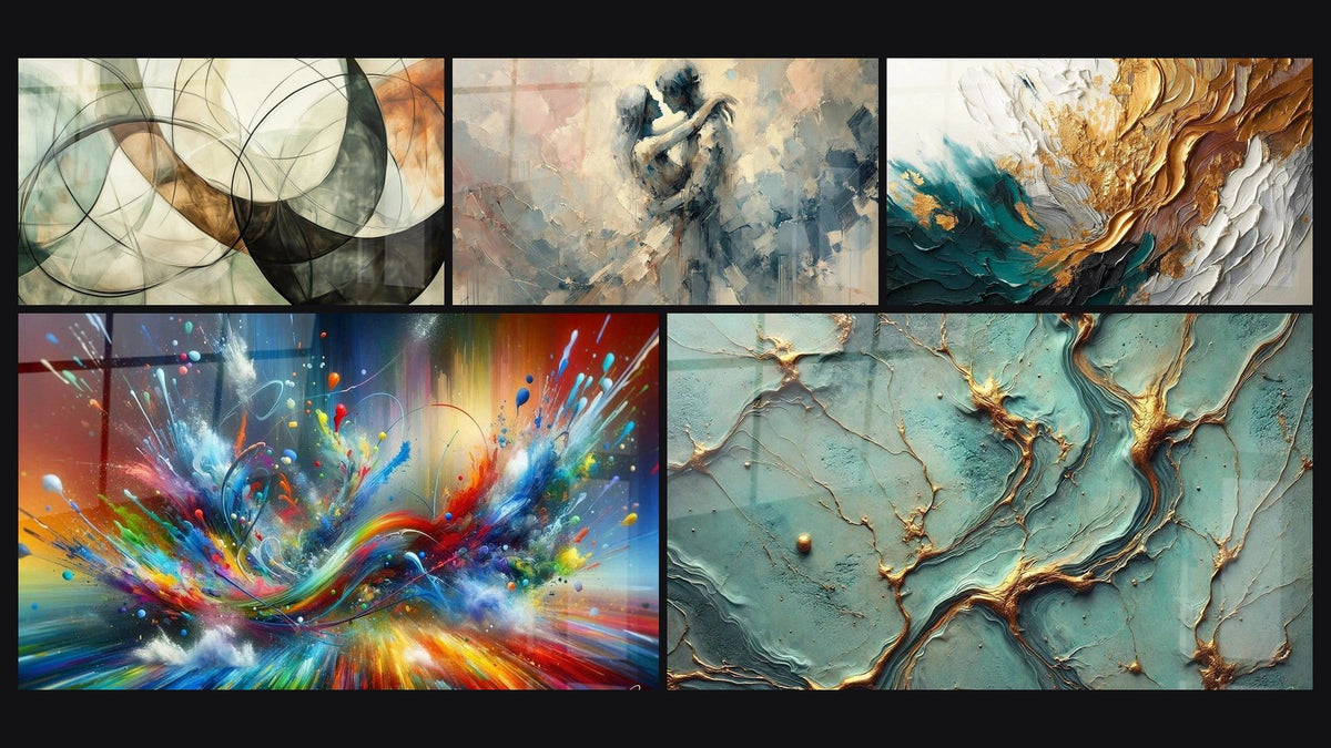 Mosaico de cinco cuadros, entre ellos Los Lazos Invisibles, Entre Nosotros y Trazos en Oro y Jade