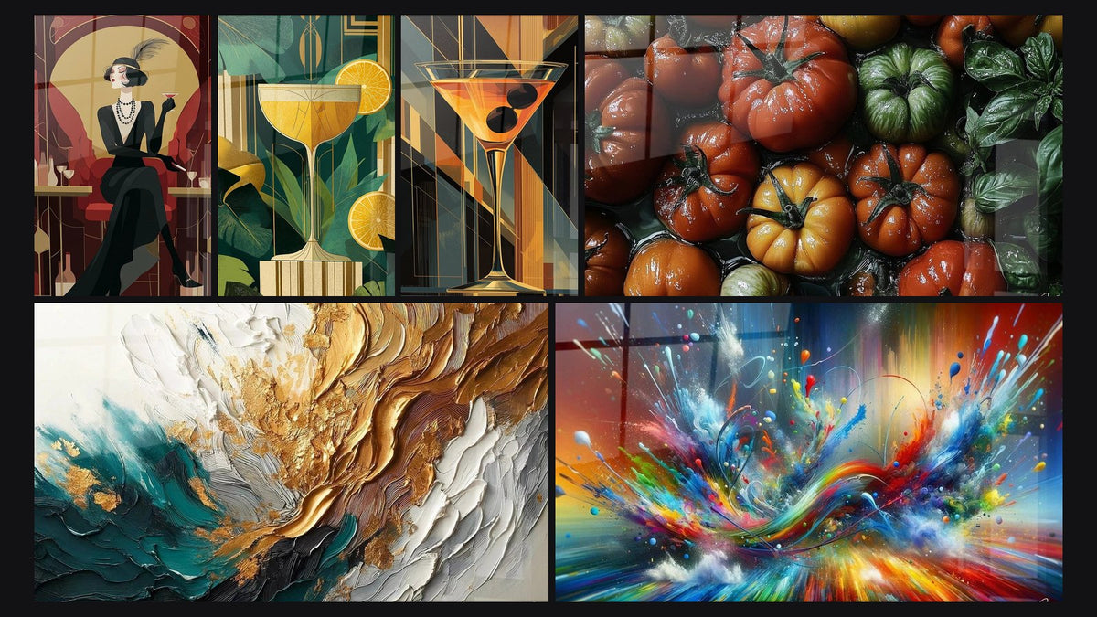 Mosaico di sei quadri, tra cui Femmina Elegante Art Déco, Pomodoro N°1 e Traccia in Oro e Giada