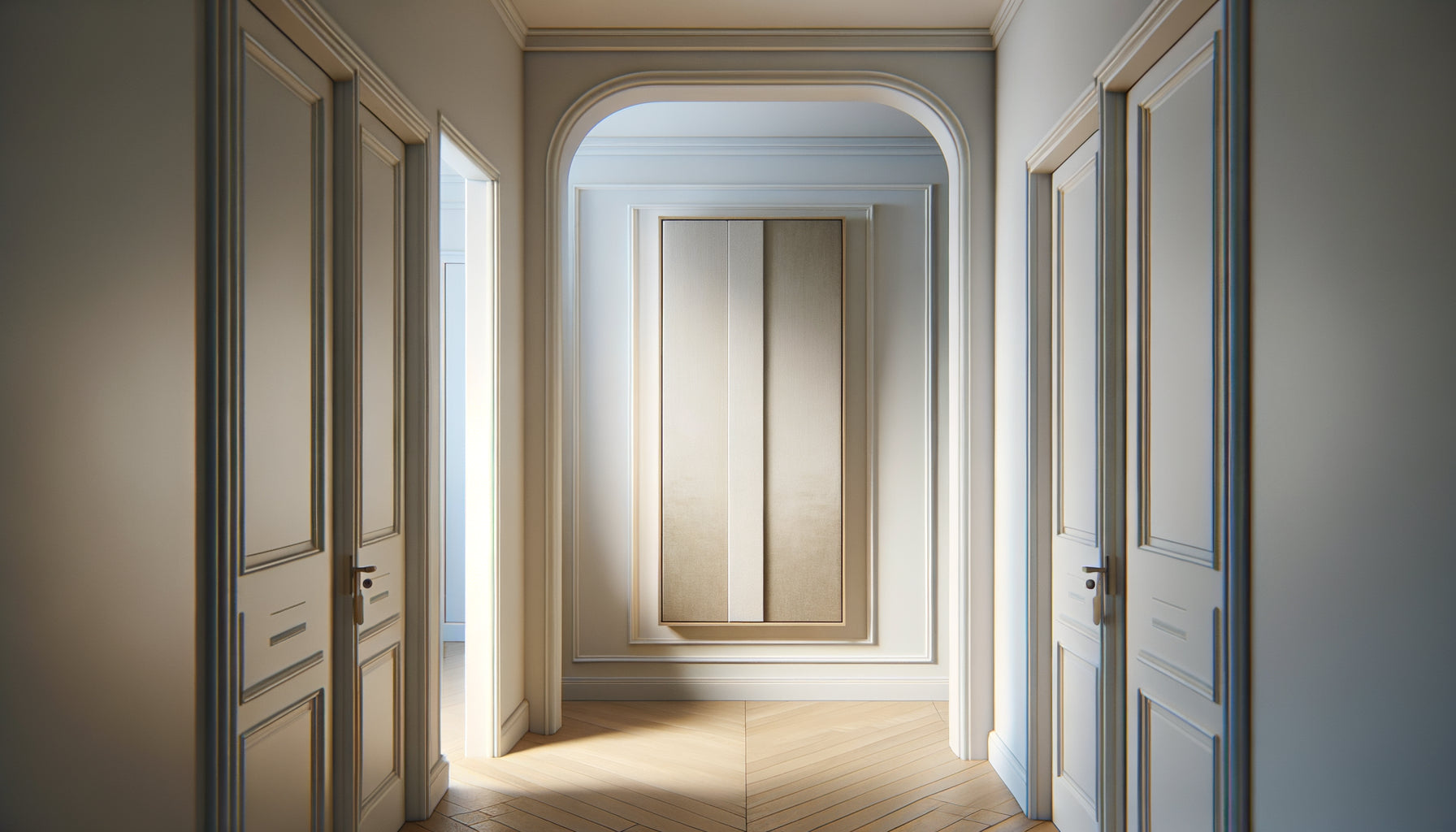 Mur étroit entre deux portes valorisé par une œuvre verticale allongée dans un intérieur contemporain élégant