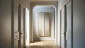 Mur étroit entre deux portes valorisé par une œuvre verticale allongée dans un intérieur contemporain élégant