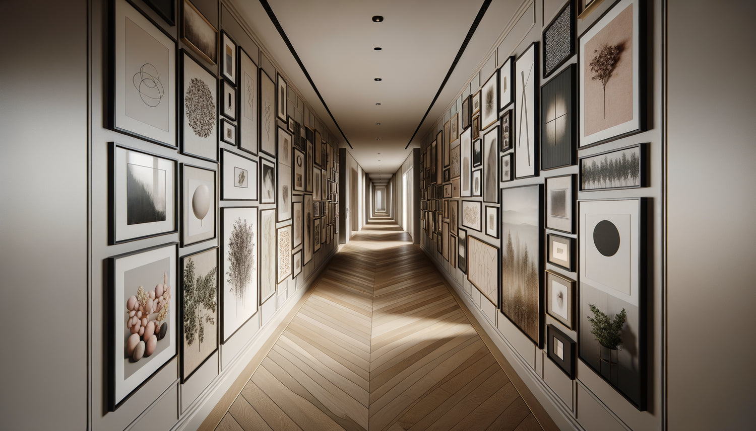 Couloir moderne avec mur galerie asymétrique composé de cadres variés arrangés de manière organique et dynamique