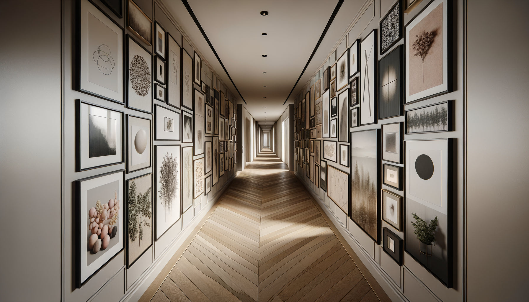 Couloir moderne avec mur galerie asymétrique composé de cadres variés arrangés de manière organique et dynamique