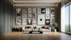 Mur galerie contemporain avec tableaux de tailles différentes disposés harmonieusement dans salon moderne