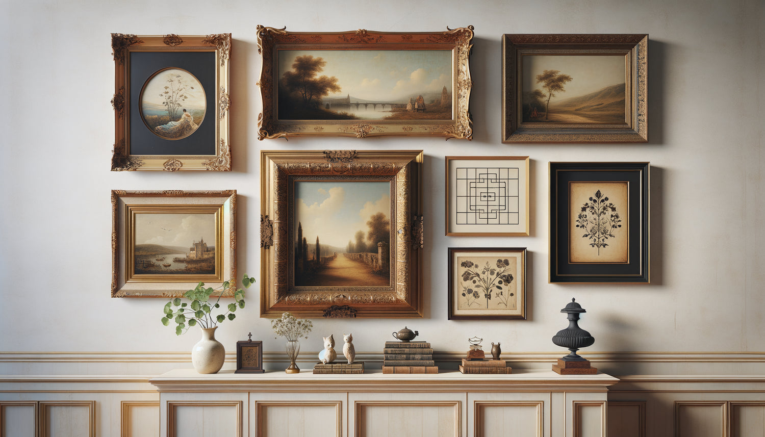 Mur galerie harmonieux avec tableaux vintage de styles mixtes : baroque, victorien, Art Déco et mid-century
