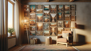 Mur de photos souvenirs authentiques dans un intérieur d'Airbnb touristique chaleureux avec galerie de photographies locales