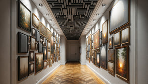 Couloir résidentiel avec mur de tableaux décoratifs absorbant la réverbération sonore, aménagement galerie contemporaine