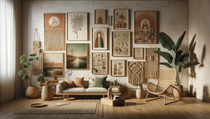 Mur de galerie bohème éclectique avec accrochage asymétrique de tableaux variés dans intérieur Airbnb contemporain chaleureux