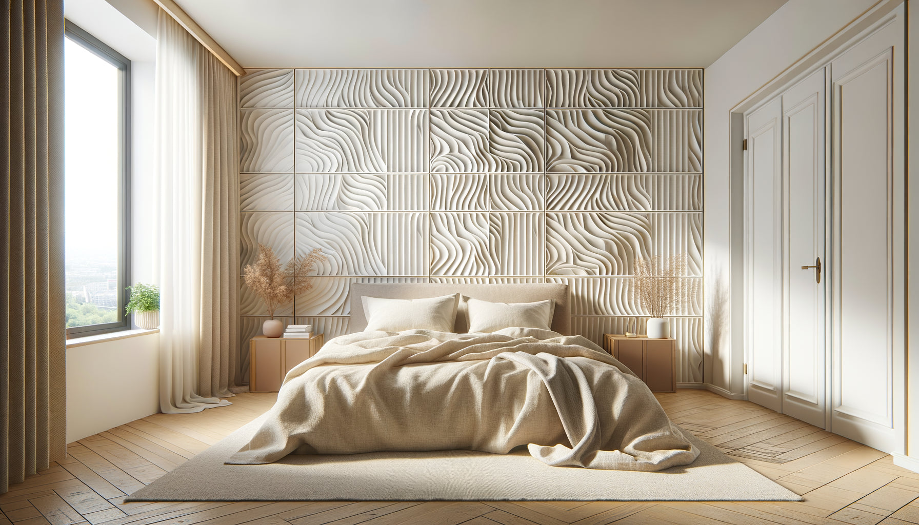 Chambre Airbnb moderne avec mur texturé en panneaux 3D blancs géométriques, style scandinave chaleureux