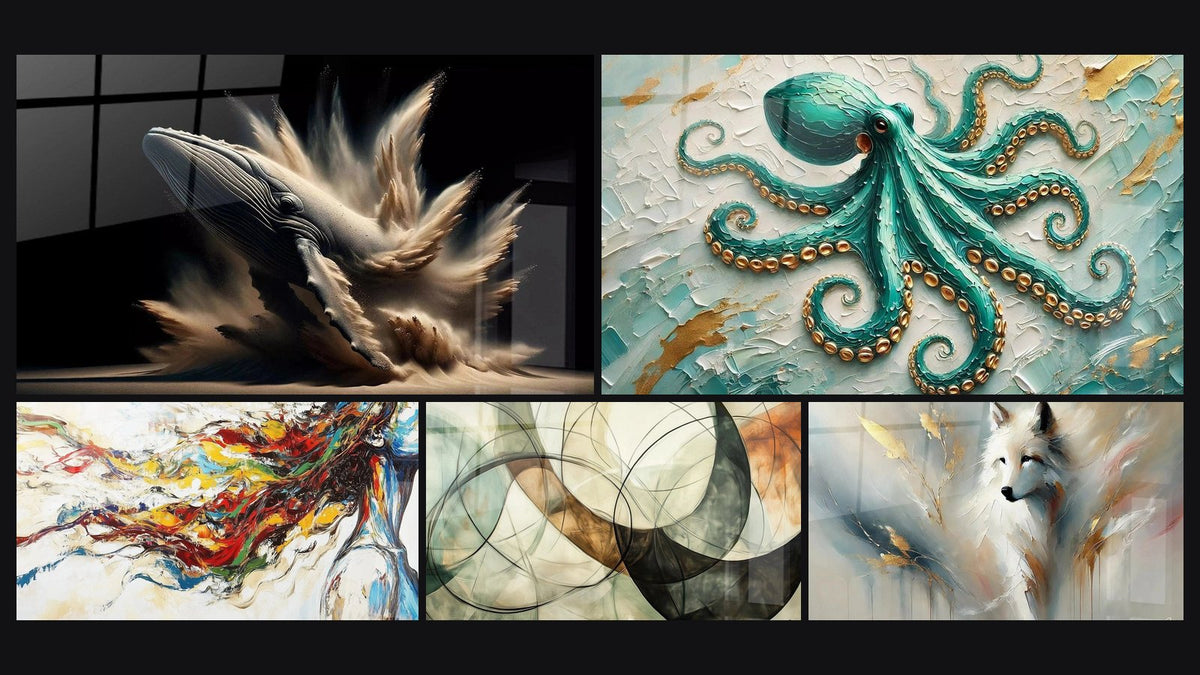 Mosaico di cinque quadri, tra cui La balena di Elise, Muse Moderna e I Legami Invisibili