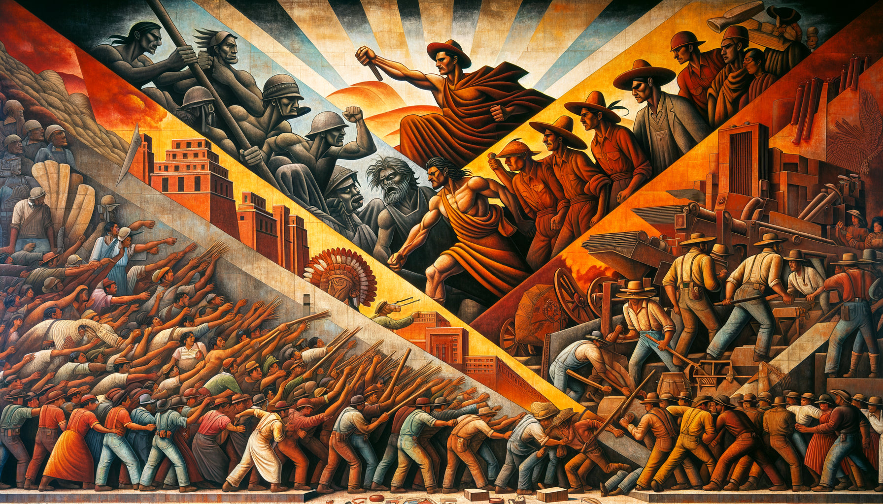Murale mexicaine monumentale style Diego Rivera années 1930, critique sociale, travailleurs héroïques, symbolisme révolutionnaire, fresque muraliste