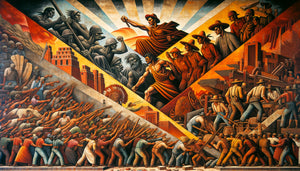Murale mexicaine monumentale style Diego Rivera années 1930, critique sociale, travailleurs héroïques, symbolisme révolutionnaire, fresque muraliste