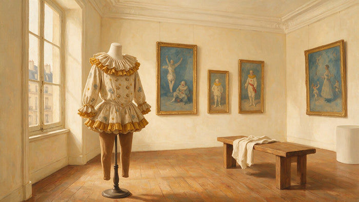 Une salle de musée aux murs clairs, avec des tableaux de clowns et d'acrobates et un costume de cirque à froufrous jaunes au premier plan