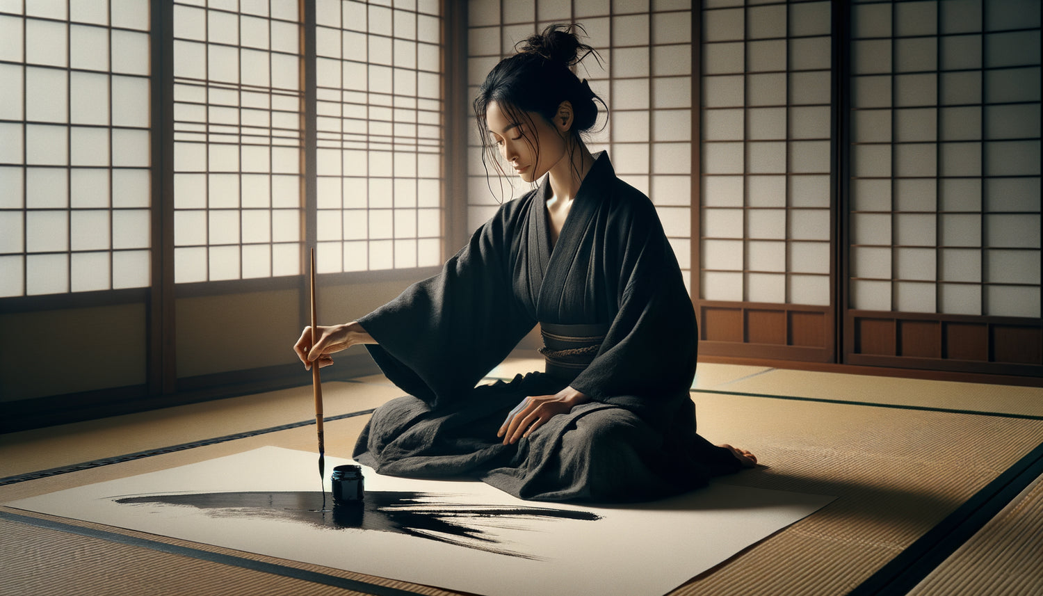 Artiste zen japonais en état de mushin créant une peinture à l'encre avec spontanéité méditative
