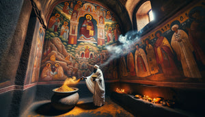 Moine éthiopien appliquant la résine de myrrhe sur une fresque médiévale dans une église rupestre orthodoxe ancienne