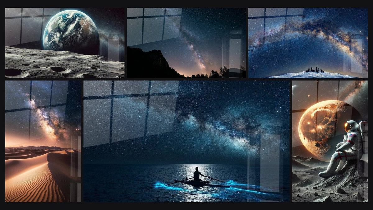 Mosaico de seis cuadros, entre ellos Espacio N°7, Vía Láctea a través de ventana y Vía láctea N°1